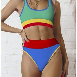 Four-Color Stitching High Waist Bikini